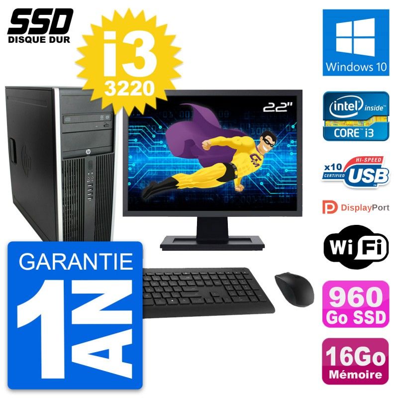 HP Elite 8300 Desktop PC - 22" Screen, Intel i3-3220, 16GB RAM, 960GB SSD, Windows 10, Wifi