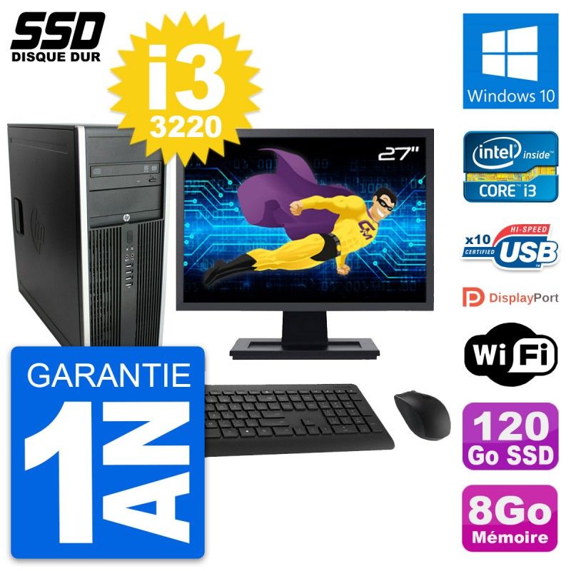 HP Elite 8300 Desktop PC - 27" Screen, Intel i3-3220, 8GB RAM, 120GB SSD, Windows 10, WiFi