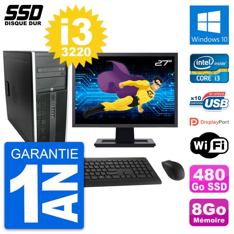 HP Elite 8300 Desktop Computer - 27" Screen, Intel i3-3220, 8GB RAM, 480GB SSD, Windows 10, Wifi
