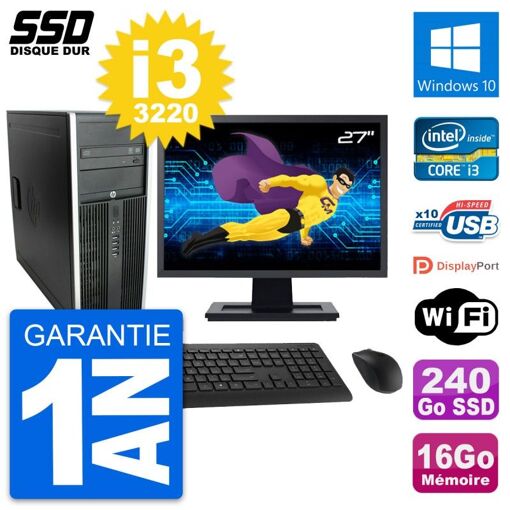 HP Elite 8300 Desktop PC - 27" Screen, Intel i3-3220, 16GB RAM, 240GB SSD, Windows 10, WiFi