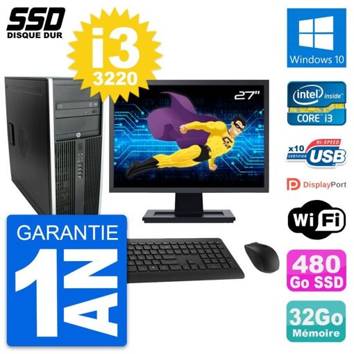HP Elite 8300 Desktop Computer, 27" Screen, Intel i3-3220, 32GB RAM, 480GB SSD, Windows 10, WiFi