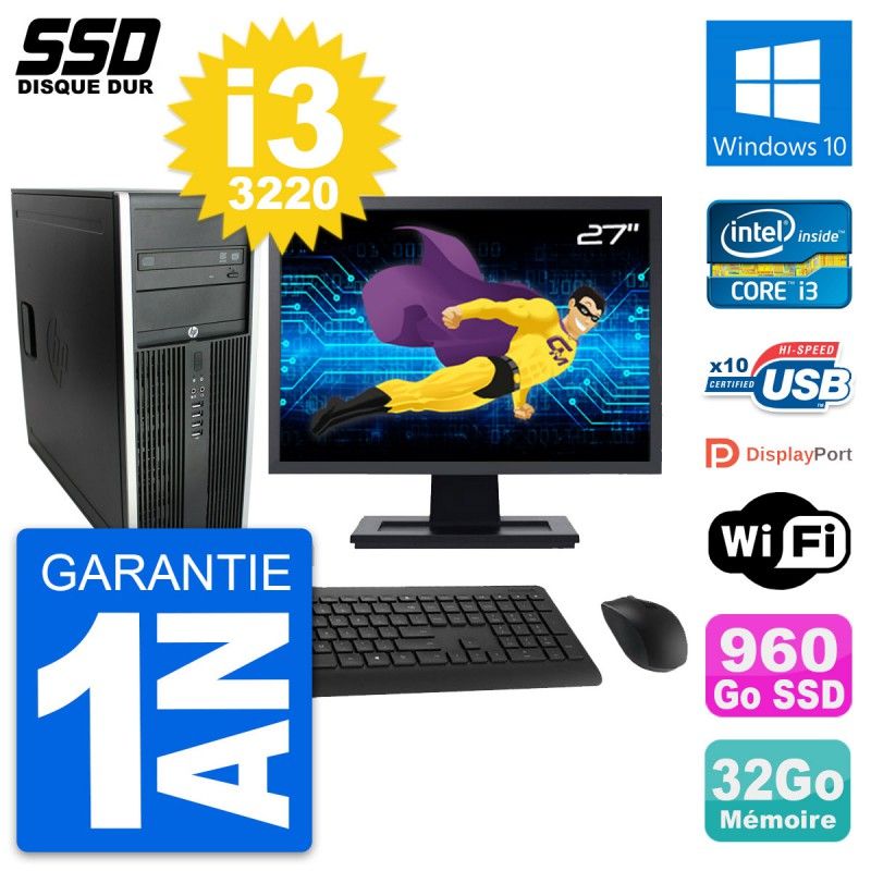 HP Elite 8300 Desktop PC - 27" Screen, Intel i3-3220, 32GB RAM, 960GB SSD, Windows 10, WiFi