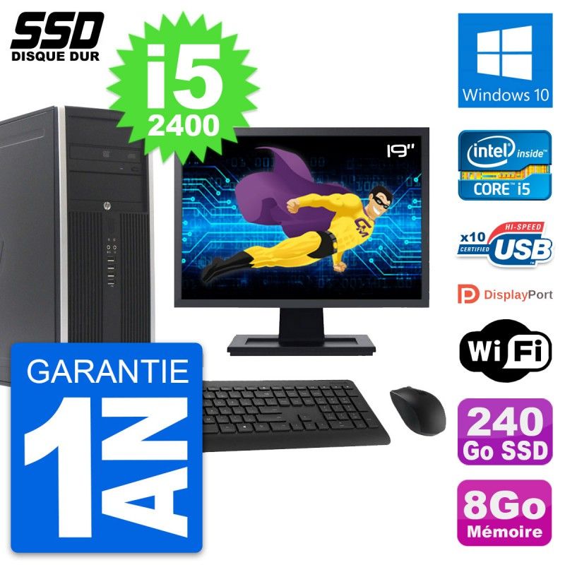 HP Elite 8300 Desktop Computer | 19" Screen | Intel i5-2400 | 8GB RAM | 240GB SSD | Windows 10 | WiFi