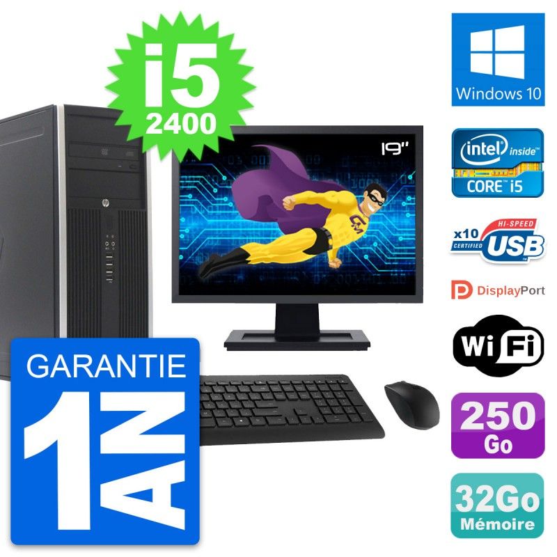 HP Compaq Elite 8300 Desktop PC - 19" Screen, Intel i5-2400, 32GB RAM, 250GB Hard Drive, Windows 10, WiFi