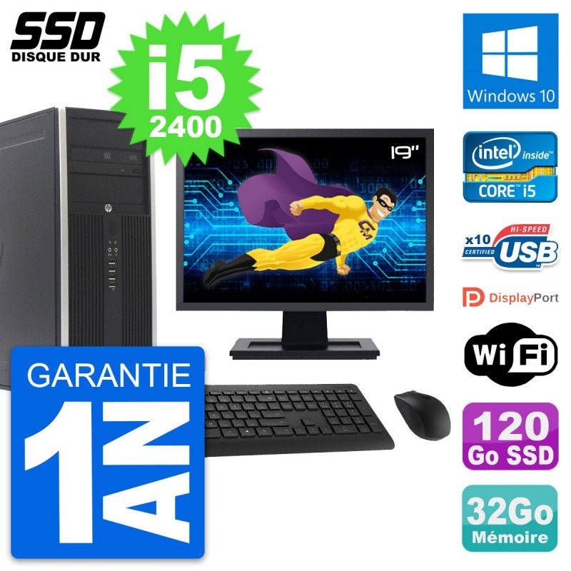 HP Elite 8300 Desktop Computer, 19-inch Screen, Intel i5-2400, 32GB RAM, 120GB SSD, Windows 10, WiFi