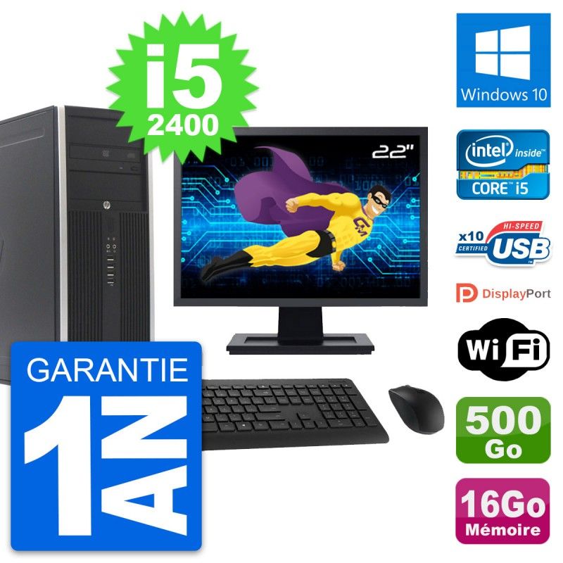 HP Compaq Elite 8300 Desktop PC - 22" Screen, Intel i5-2400, 16GB RAM, 500GB Hard Drive, Windows 10, WiFi