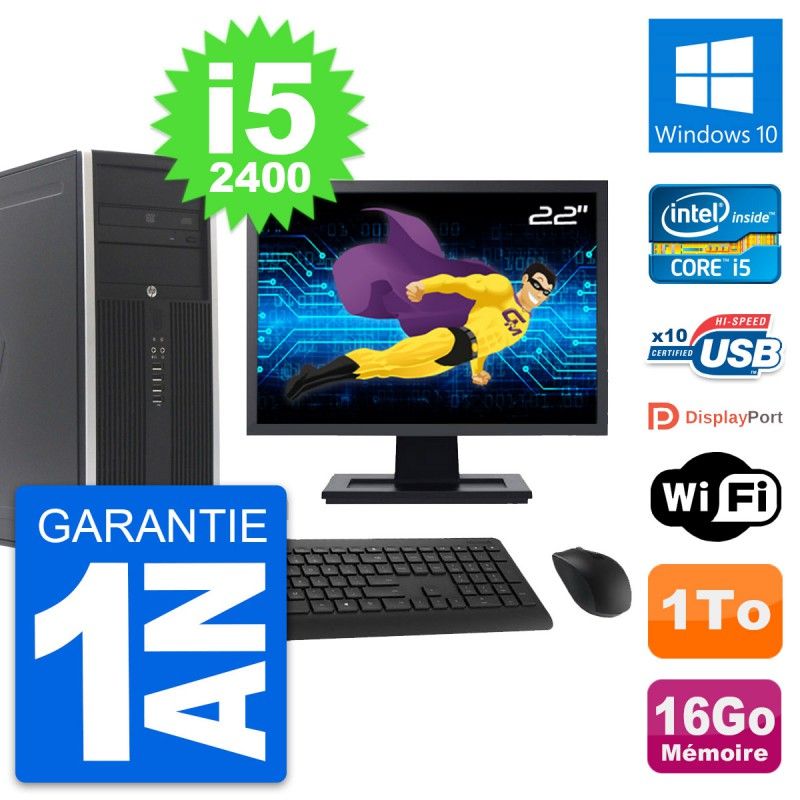 HP Compaq Elite 8300 Desktop PC - 22" Screen, Intel i5-2400, 16GB RAM, 1TB HDD, Windows 10, WiFi