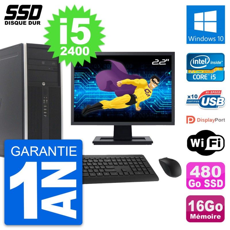 HP Elite 8300 Desktop PC - 22" Screen, Intel i5-2400, 16GB RAM, 480GB SSD, Windows 10, WiFi