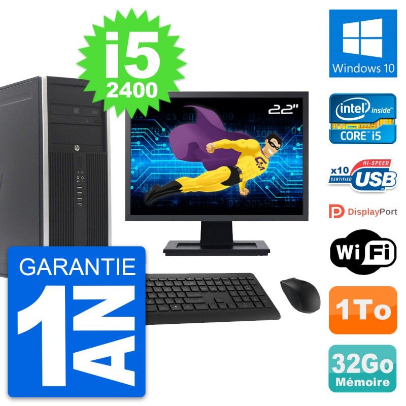 HP Compaq Elite 8300 Desktop PC - 22" Screen, Intel i5-2400, 32GB RAM, 1TB HDD, Windows 10, Wifi