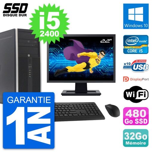 HP Elite 8300 PC - 22" Screen, Intel i5-2400, 32GB RAM, 480GB SSD, Windows 10, WiFi