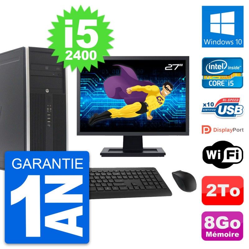 HP Elite 8300 Desktop PC - 27" Screen, Intel i5-2400, 8GB RAM, 2TB HDD, Windows 10, WiFi