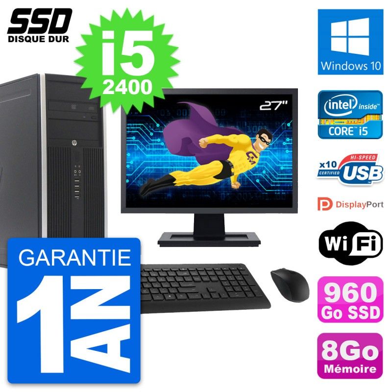 HP Elite 8300 Desktop PC - 27" Screen, Intel i5-2400, 8GB RAM, 960GB SSD, Windows 10, WiFi