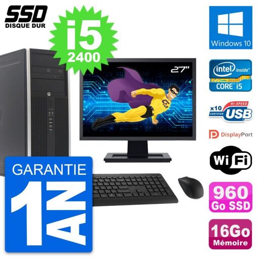 PC de escritorio HP Elite 8300 - Pantalla de 27', Intel i5-2400, 16GB de RAM, 960GB SSD, Windows 10, Wi-Fi