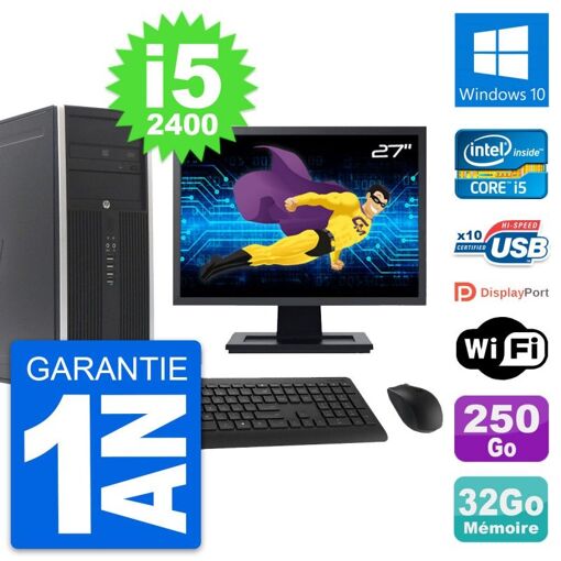 PC de escritorio HP Compaq Elite 8300 - Pantalla de 27", Procesador Intel i5-2400, 32 GB de RAM, 250 GB SSD, Windows 10, WiFi
