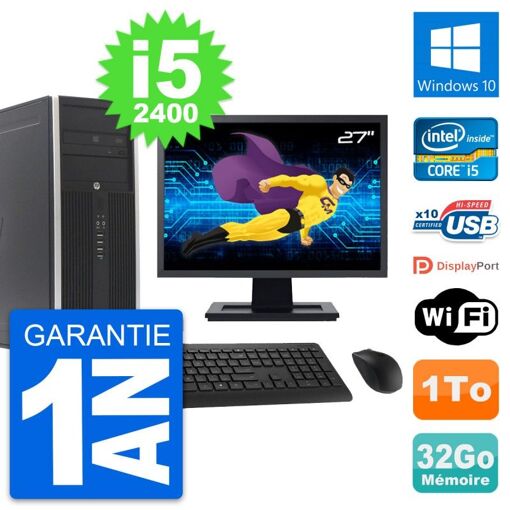 HP Compaq Elite 8300 Desktop PC - 27" Screen, Intel i5-2400, 32GB RAM, 1TB HDD, Windows 10, Wifi