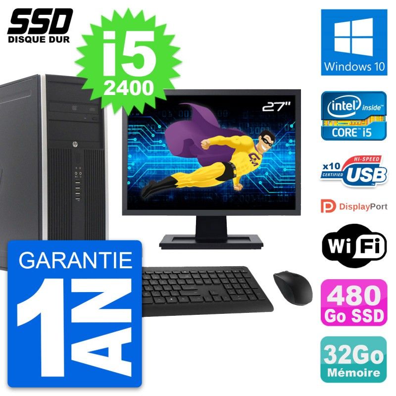 HP Elite 8300 Desktop PC - 27" Display, Intel i5-2400, 32GB RAM, 480GB SSD, Windows 10, WiFi