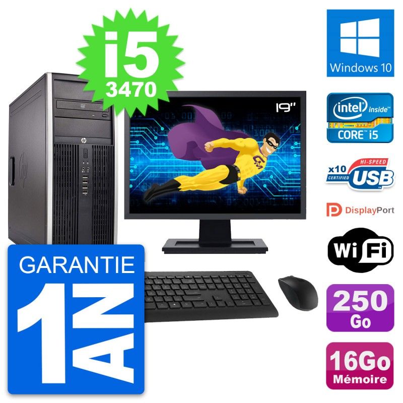 Ordinateur de bureau HP Compaq Elite 8300 - Écran 19", Processeur Intel i5-3470, 16 Go de RAM, Disque dur 250 Go, Windows 10, Wifi