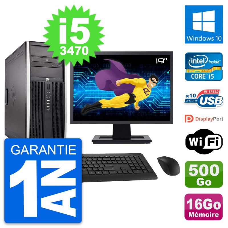 Ordinateur de bureau HP Compaq Elite 8300 - Écran 19'', Intel i5-3470, 16 Go RAM, 500 Go SSD, Windows 10, WiFi