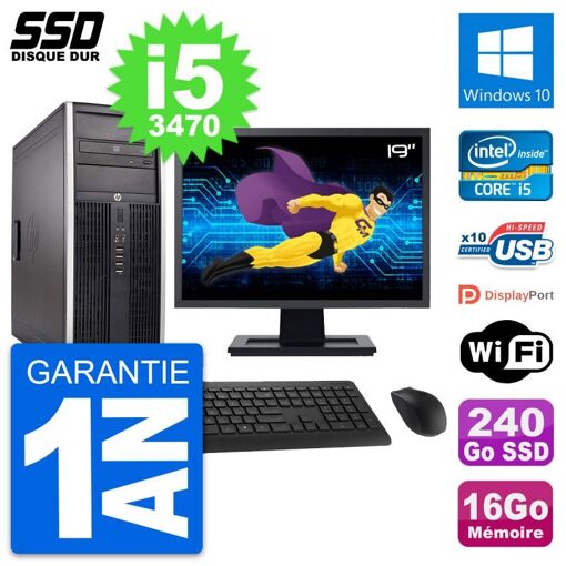 HP Elite 8300 Desktop PC - 19" Screen, Intel i5-3470, 16GB RAM, 240GB SSD, Windows 10, WiFi
