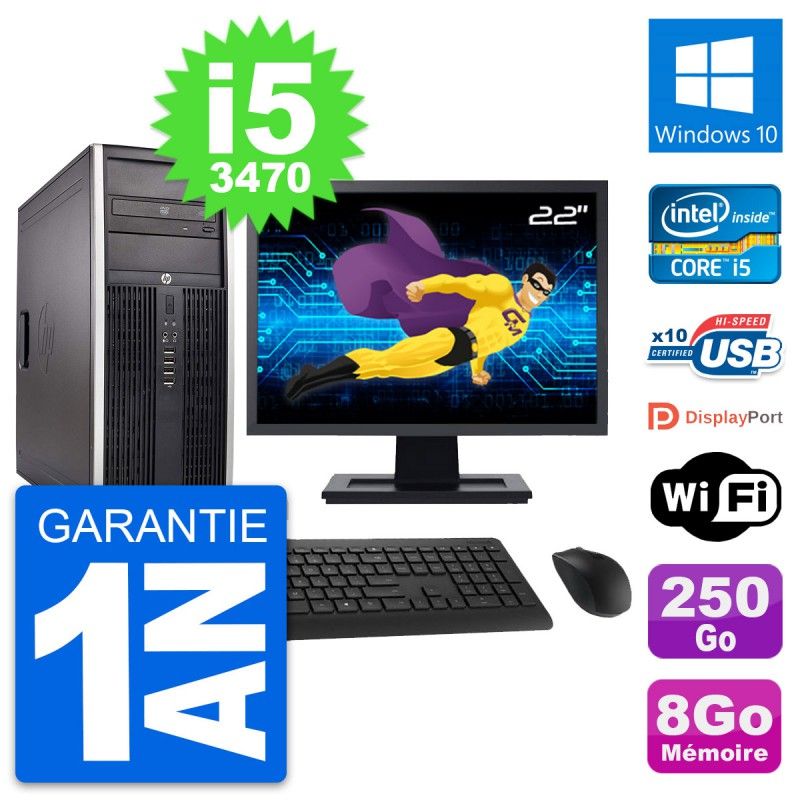 Ordinateur de bureau HP Compaq Elite 8300 - Écran 22'', Intel i5-3470, 8 Go RAM, 250 Go SSD, Windows 10, Wi-Fi