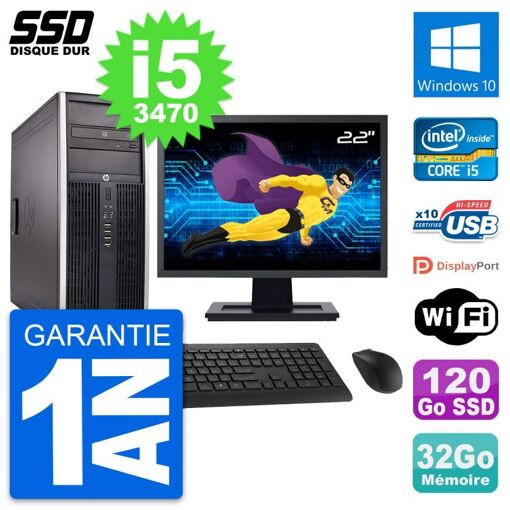 HP Elite 8300 Desktop PC - 22" Screen, Intel i5-3470, 32GB RAM, 120GB SSD, Windows 10, WiFi