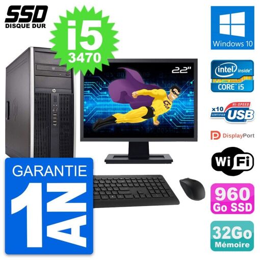 HP Elite 8300 Desktop PC - 22" Screen, Intel i5-3470, 32GB RAM, 960GB SSD, Windows 10, WiFi