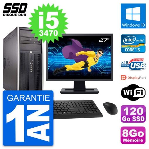 HP Elite 8300 Desktop Computer, 27" Screen, Intel i5-3470, 8GB RAM, 120GB SSD, Windows 10, WiFi