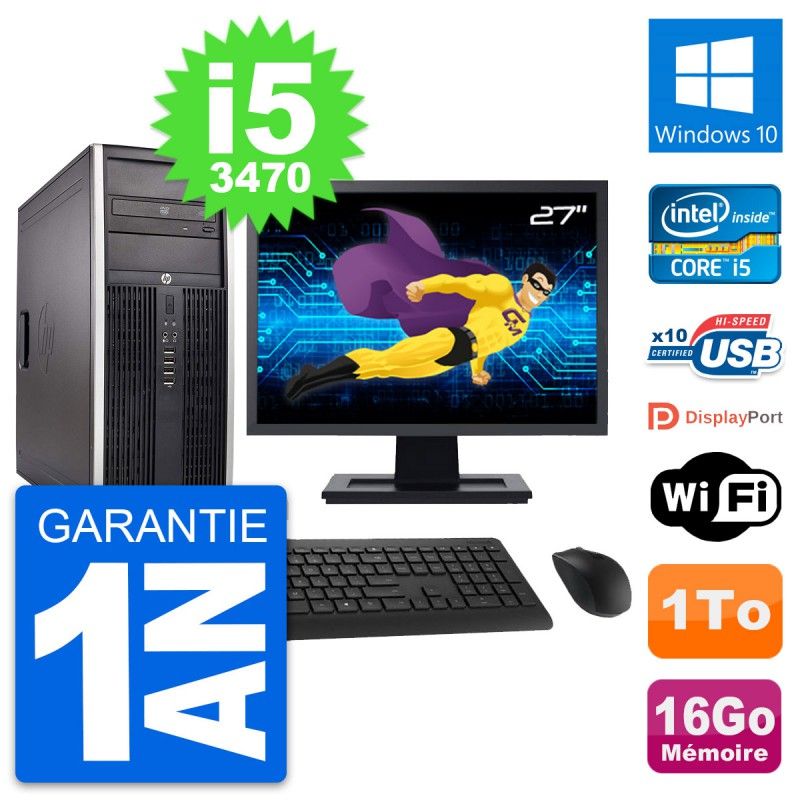 Ordinateur de bureau HP Compaq Elite 8300 - Écran 27'', Processeur Intel i5-3470, 16 Go RAM, 1 To HDD, Windows 10, Wifi