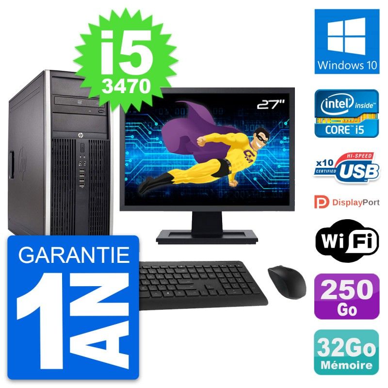 HP Compaq Elite 8300 Desktop PC - 27" Screen, Intel i5-3470, 32GB RAM, 250GB SSD, Windows 10, WiFi