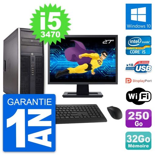 HP Compaq Elite 8300 Desktop PC - 27" Screen, Intel i5-3470, 32GB RAM, 250GB SSD, Windows 10, WiFi