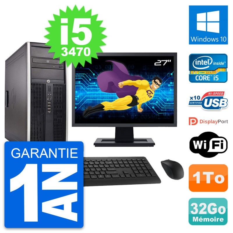 HP Compaq Elite 8300 Desktop PC - 27" Screen, Intel i5-3470, 32GB RAM, 1TB HDD, Windows 10, WiFi