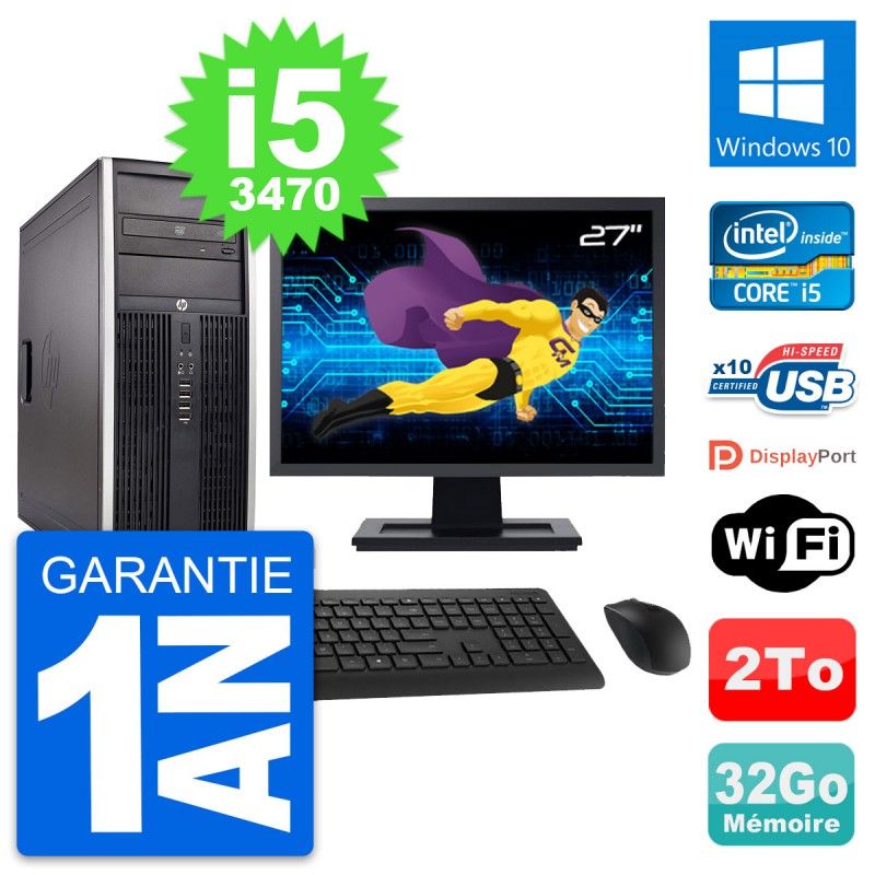 HP Compaq Elite 8300 Desktop PC - 27" Screen, Intel i5-3470, 32GB RAM, 2TB Hard Drive, Windows 10, WiFi