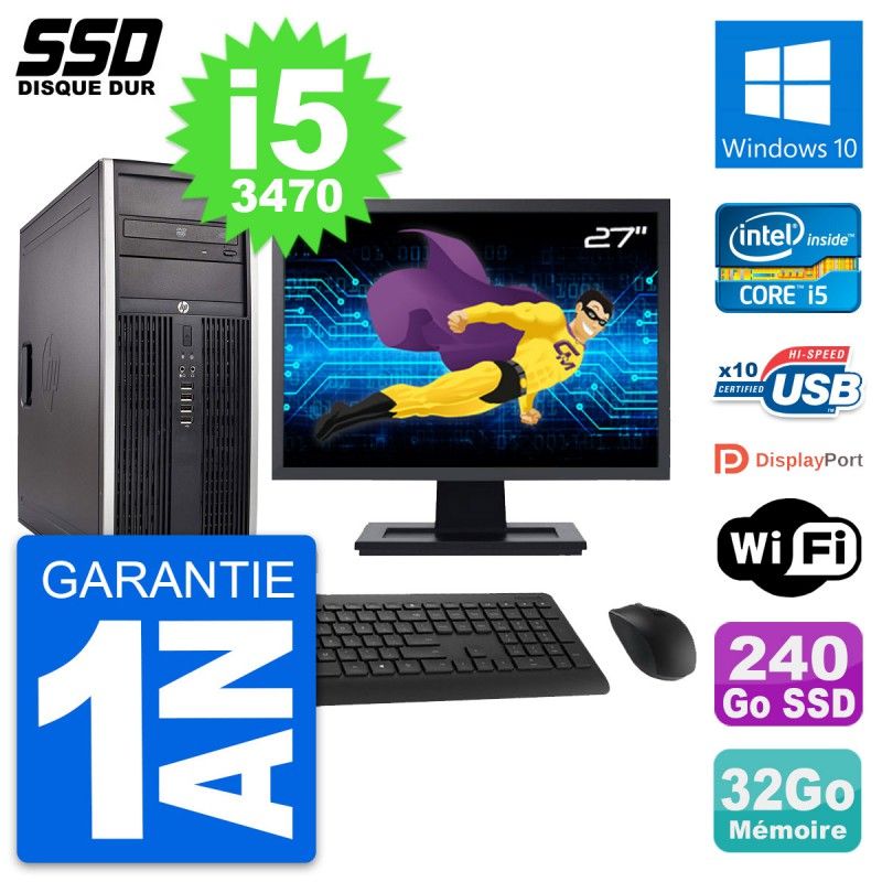 HP Elite 8300 Desktop PC - 27" Screen, Intel i5-3470, 32GB RAM, 240GB SSD, Windows 10, Wi-Fi