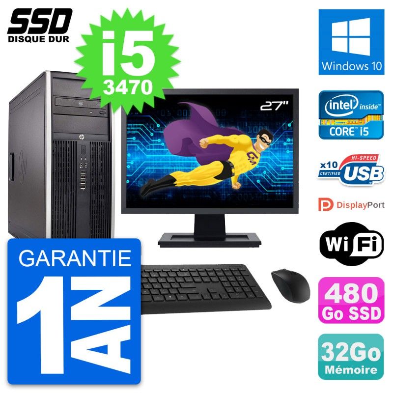 HP Elite 8300 Desktop PC - 27" Screen, Intel i5-3470, 32GB RAM, 480GB SSD, Windows 10, WiFi