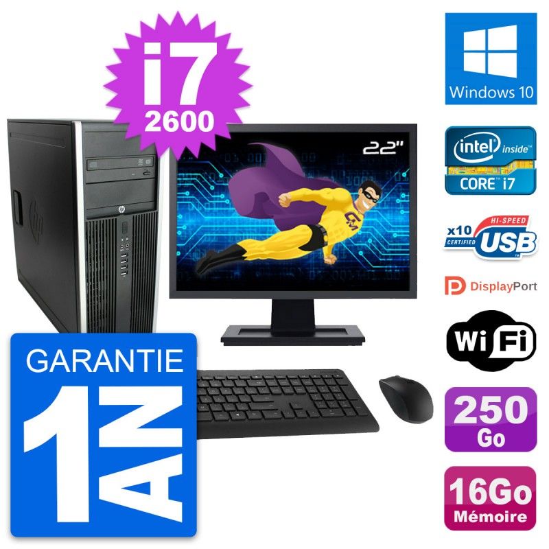 HP Compaq Elite 8300 Desktop PC - 22" Screen, Intel i7-2600, 16GB RAM, 250GB HDD, Windows 10, Wifi