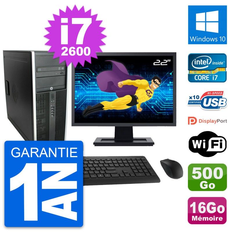 HP Compaq Elite 8300 Desktop PC - 22" Screen, Intel i7-2600, 16GB RAM, 500GB Hard Drive, Windows 10, WiFi
