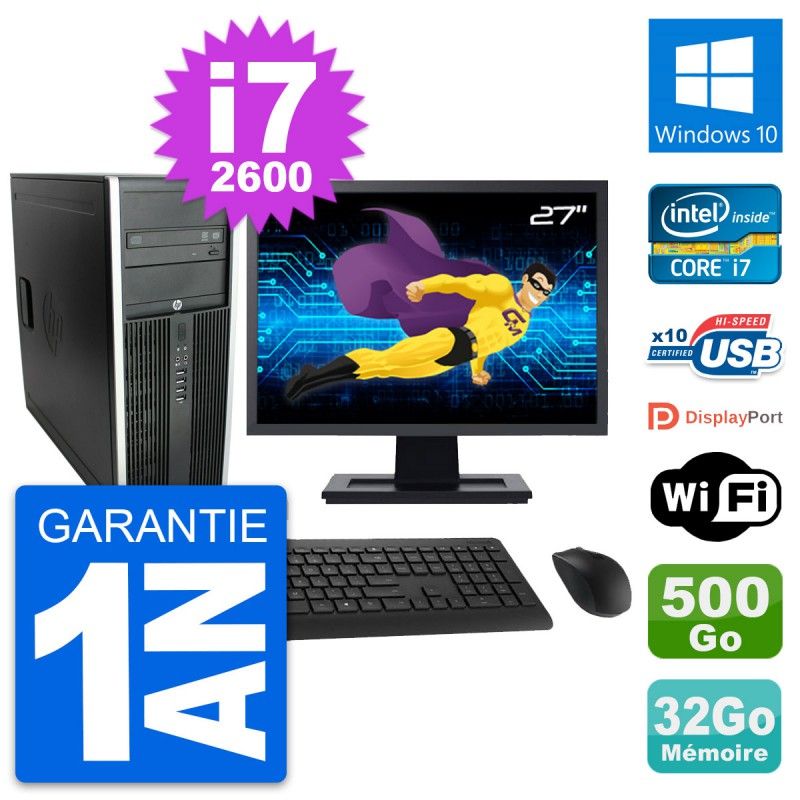 HP Compaq Elite 8300 Desktop PC - 27-inch Display, Intel i7-2600, 32GB RAM, 500GB HDD, Windows 10, WiFi