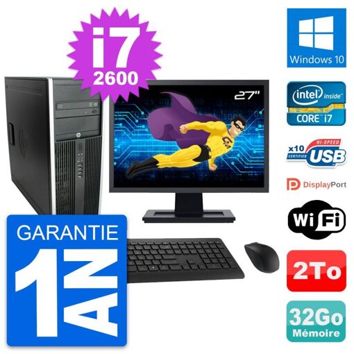 HP Compaq Elite 8300 Desktop PC - 27" Screen, Intel i7-2600, 32GB RAM, 2TB HDD, Windows 10, WiFi