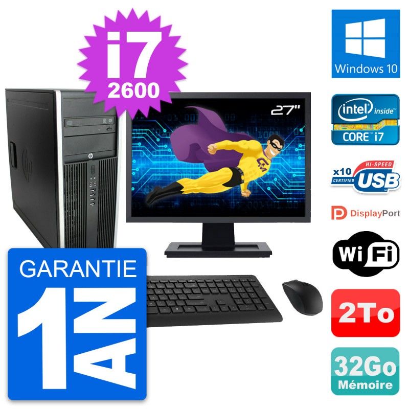 HP Compaq Elite 8300 Desktop PC - 27" Screen, Intel i7-2600, 32GB RAM, 2TB HDD, Windows 10, WiFi