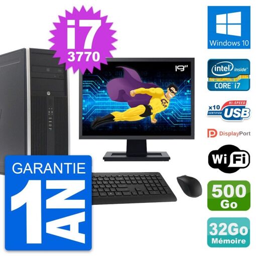 HP Compaq Elite 8300 Desktop PC - 19" Screen, Intel i7-3770, 32GB RAM, 500GB HDD, Windows 10, WiFi
