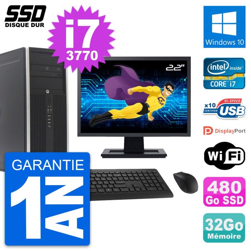 HP Elite 8300 Desktop PC - 22" Screen, Intel i7-3770, 32GB RAM, 480GB SSD, Windows 10, WiFi
