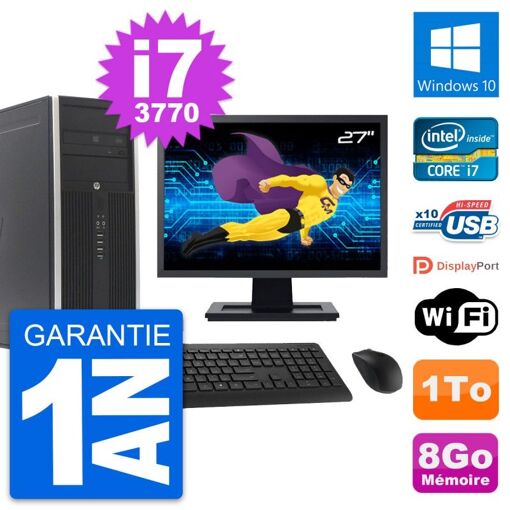 HP Elite 8300 Desktop PC | 27" Screen | Intel i7-3770 | 8GB RAM | 1TB HDD | Windows 10 | WiFi