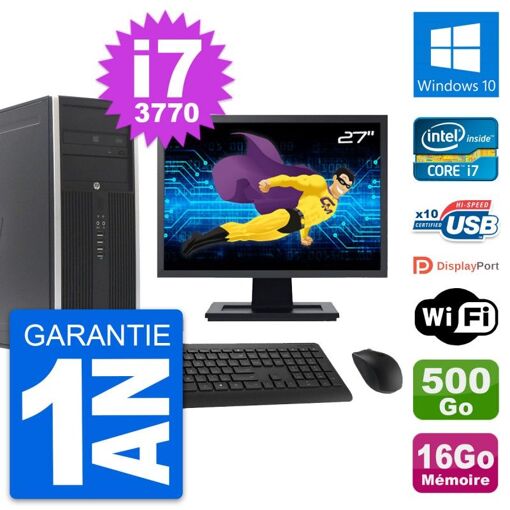 HP Compaq Elite 8300 Desktop PC - 27" Screen, Intel i7-3770, 16GB RAM, 500GB Hard Drive, Windows 10, WiFi