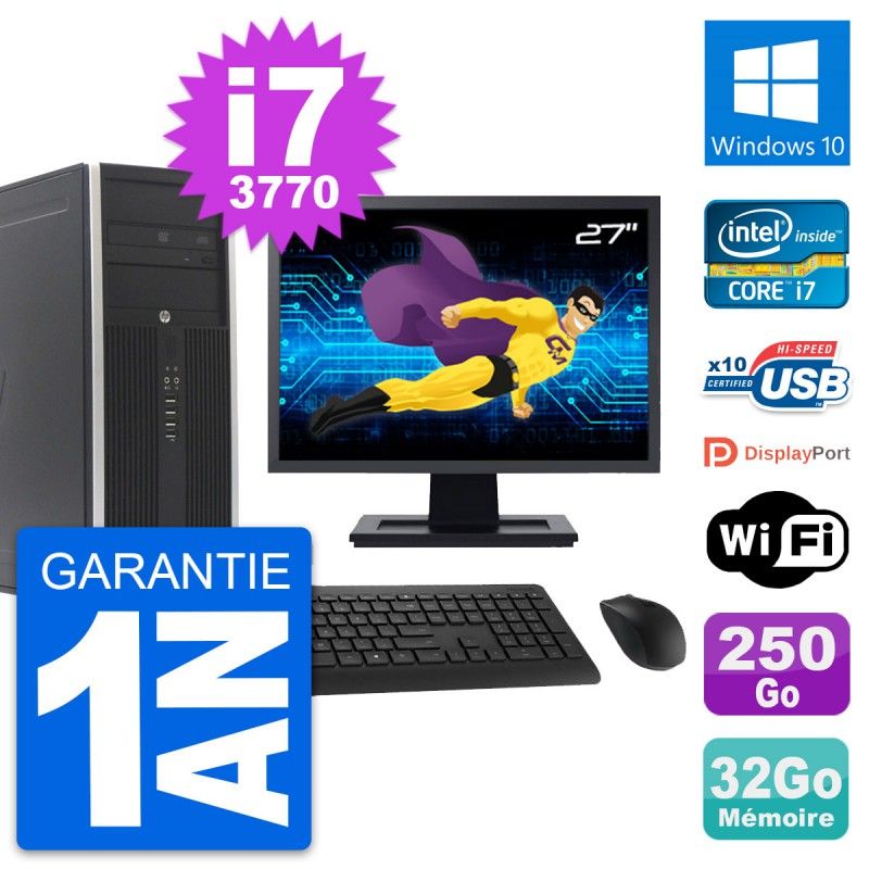 HP Compaq Elite 8300 Desktop PC - 27" Screen, Intel i7-3770, 32GB RAM, 250GB Hard Drive, Windows 10, WiFi