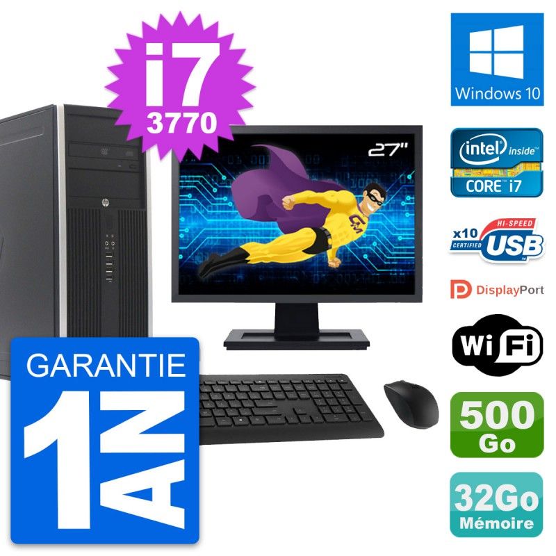 HP Compaq Elite 8300 Desktop PC - 27" Screen, Intel i7-3770, 32GB RAM, 500GB HDD, Windows 10, WiFi