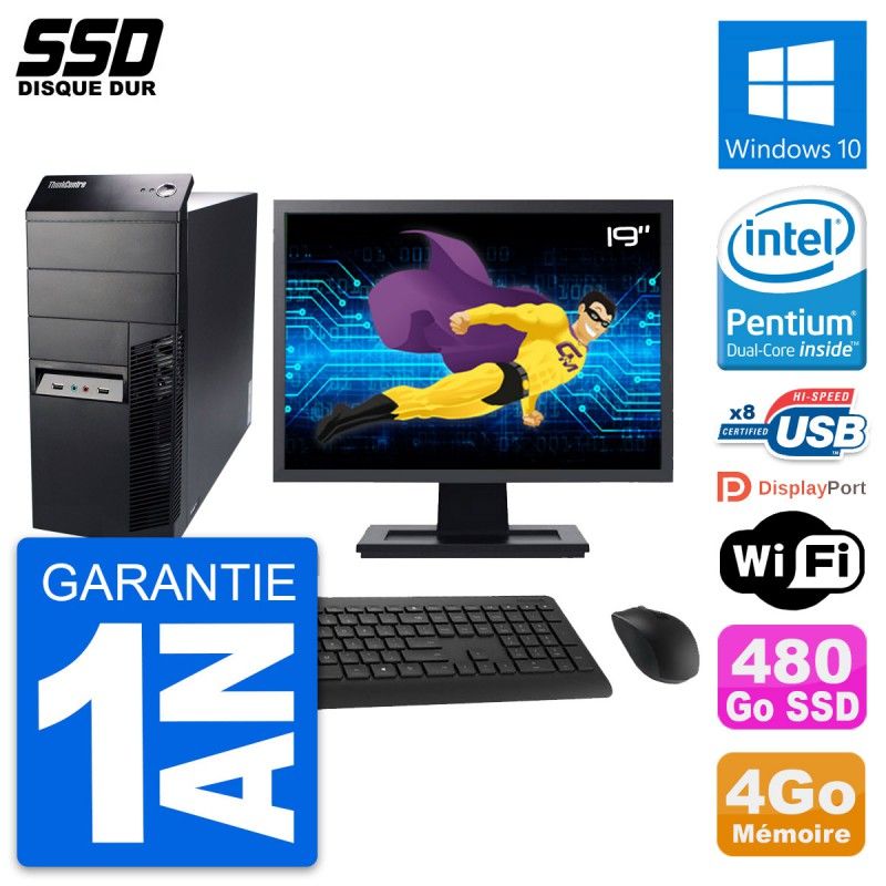 Lenovo M91p Mid Tower PC with 19" Screen, Intel G630, 4GB RAM, 480GB SSD, Windows 10, WiFi