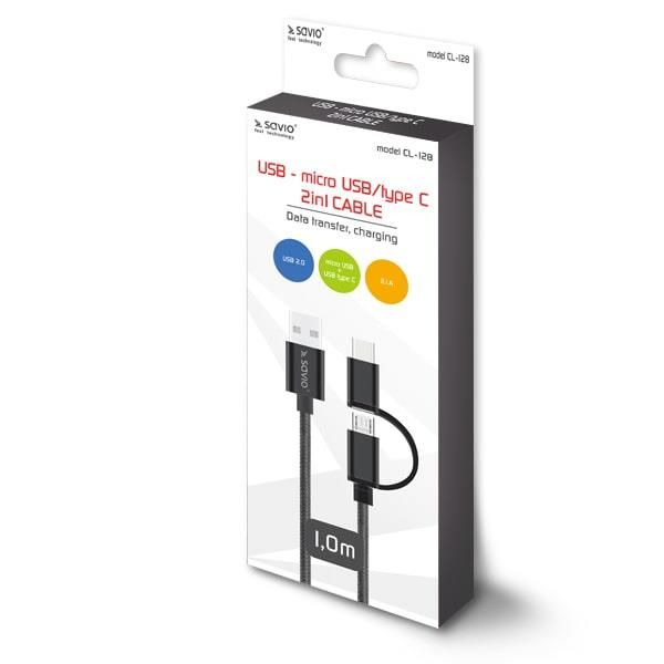 Savio USB Cable 1m A to C/Micro-A Black