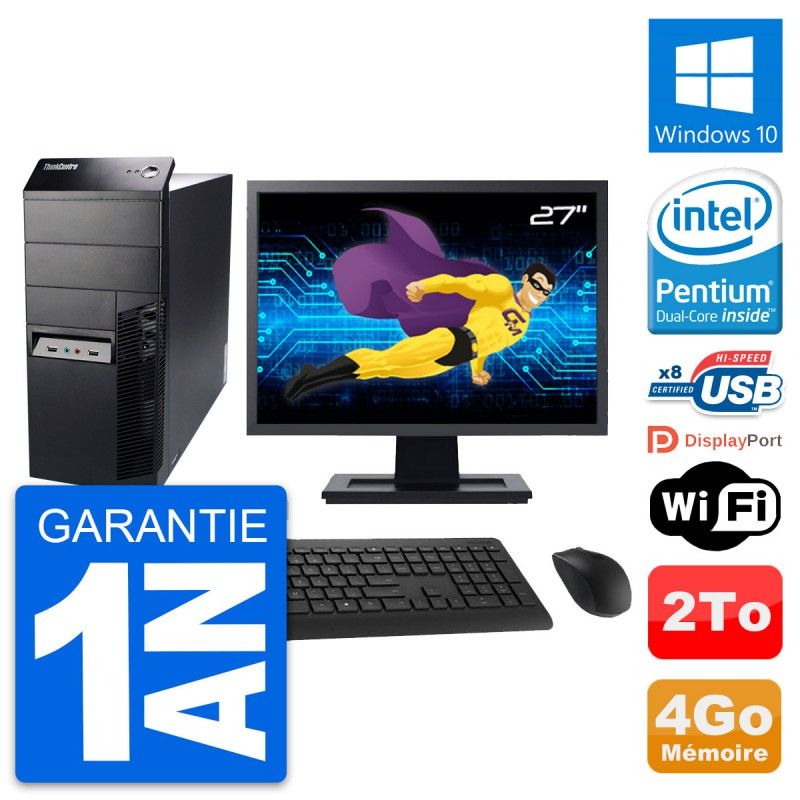 Lenovo M91p Mid Tower PC - 27" Screen, Intel G630, 4GB RAM, 2TB HDD, Windows 10, WiFi