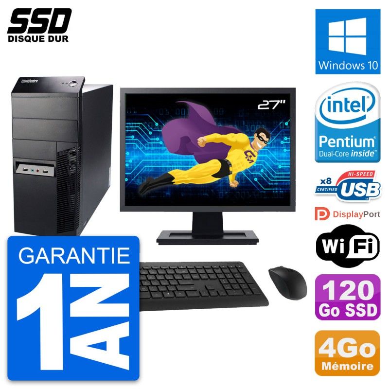 Lenovo M91p Mid Tower PC - 27" Screen, Intel G630, 4GB RAM, 120GB SSD, Windows 10, WiFi