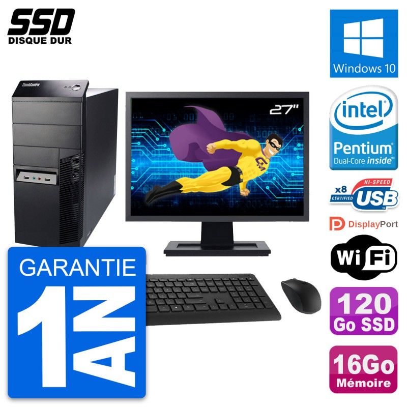 Lenovo M91p Mid Tower PC - 27" Display, Intel G630, 16GB RAM, 120GB SSD, Windows 10, Wifi